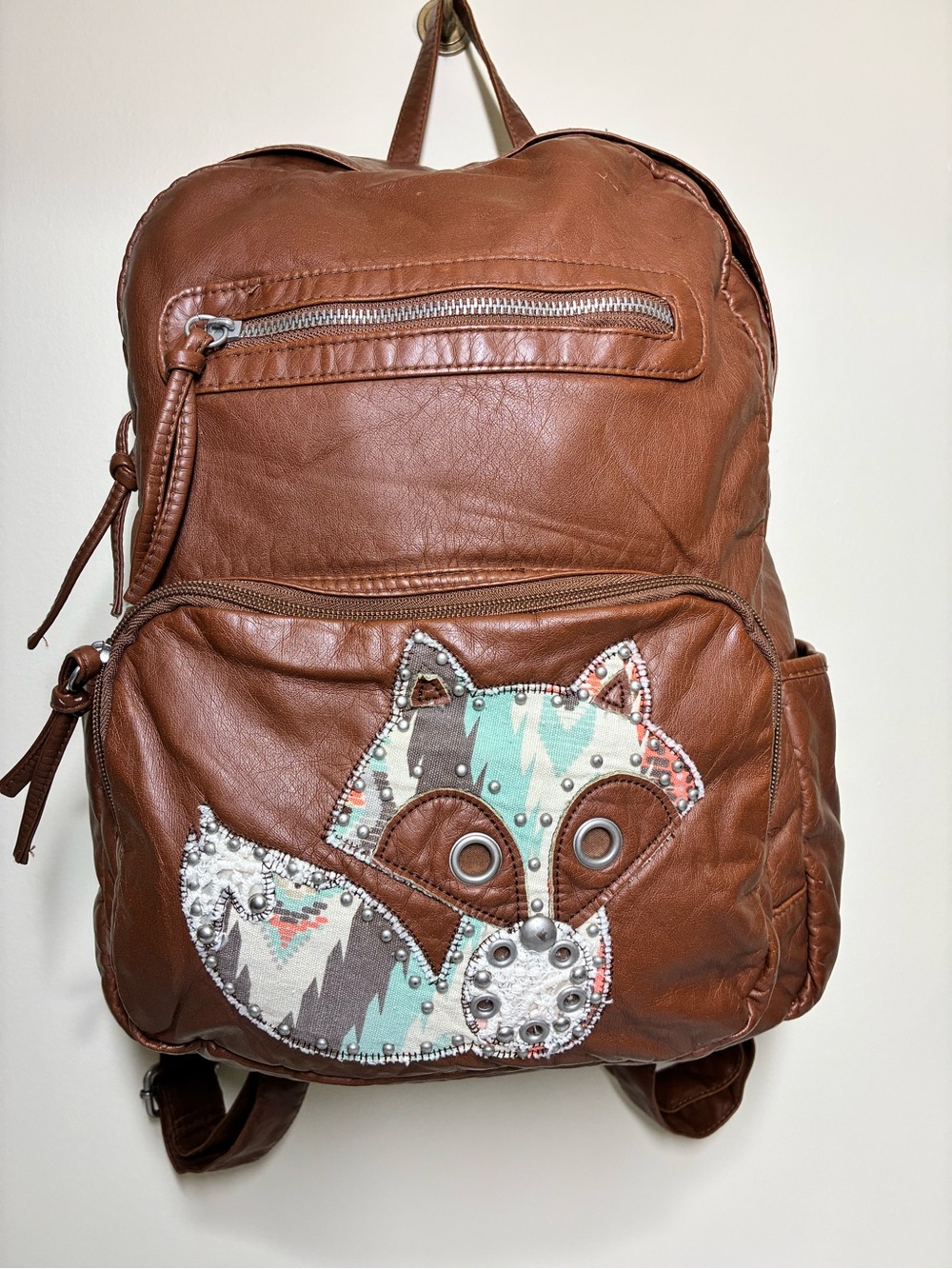 Vintage Y2K Mudd Brown Vegan Leather Fox Patch Backpack Bag Book Bag